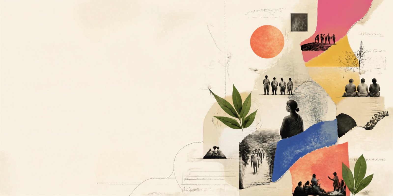 A cut-paper collage of archival photographs — people walking together, seated in a circle, a woman in profile — layered with leaves and torn colour fields.