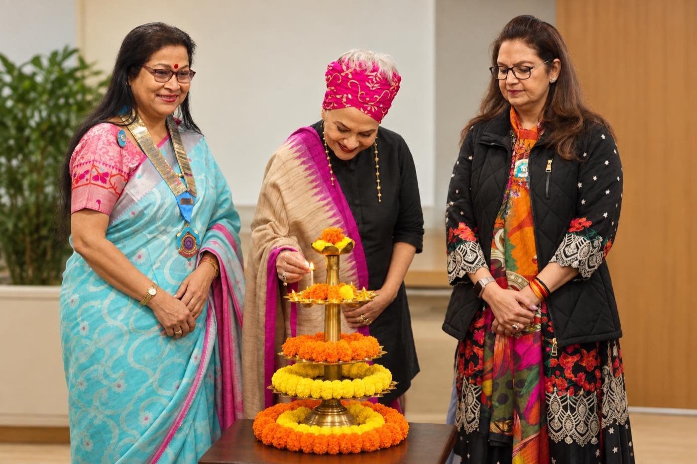 Three women in traditional attire light a tiered brass lamp decorated with marigold garlands at a formal community gathering.